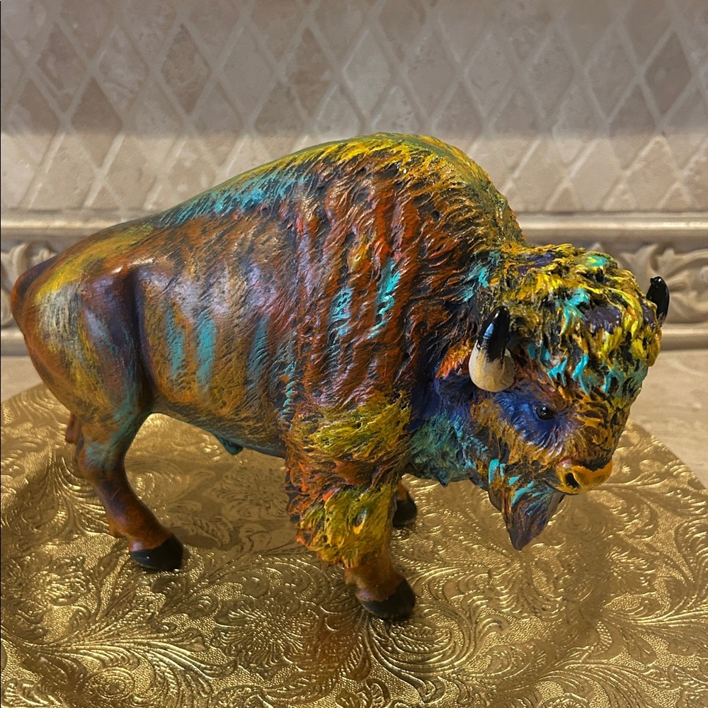 Multicolor Decorative Buffalo Statue - Resin Bison 7” x 9”Figurine